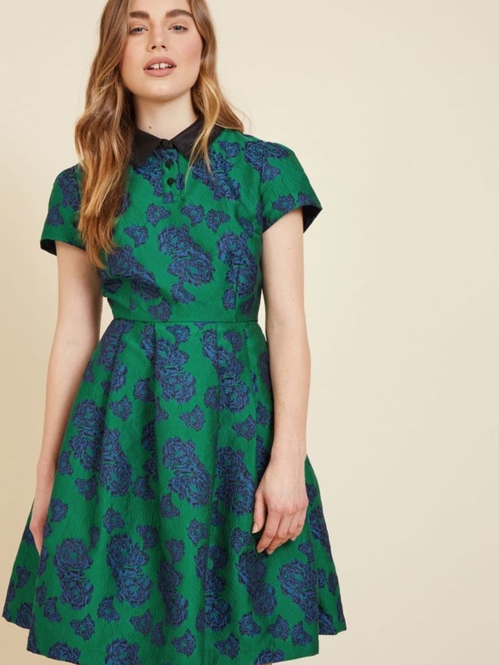 Modcloth Green Floral Fit-and-Flare Dress with Black Collar Size L